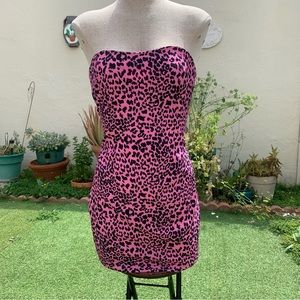 Pink cheetah print strapless mini dress
